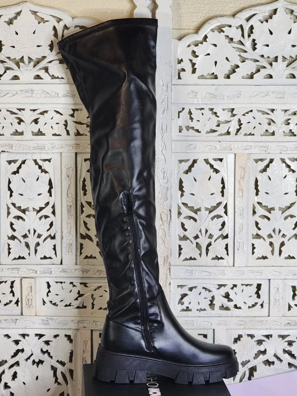 Fashion Nova Black Chunky Sole Play It Off Over The Knee Faux Leather Boots 8.5